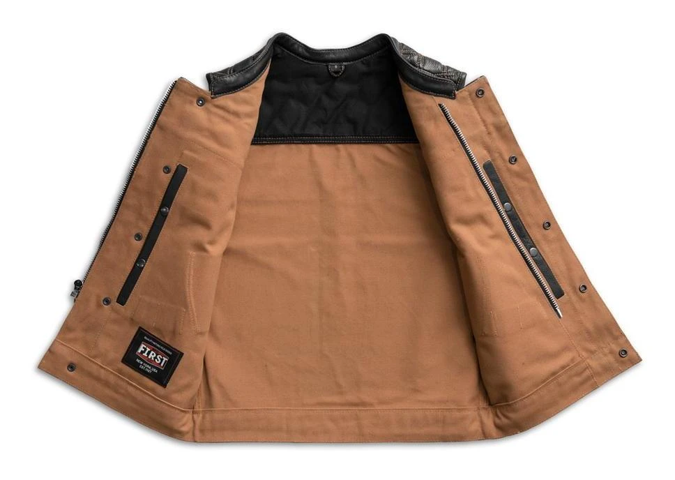 First Manufacturing Hunt Club Leather/Canvas Vest First Manufacturing Hunt Club Leather/Canvas Vest -Motorcycle Helmet Shop first manufacturing hunt club motorcycle leather canvas vest 1