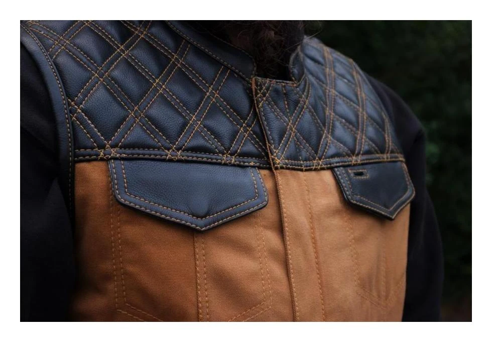 First Manufacturing Hunt Club Leather/Canvas Vest First Manufacturing Hunt Club Leather/Canvas Vest -Motorcycle Helmet Shop first manufacturing hunt club motorcycle leather canvas vest 4
